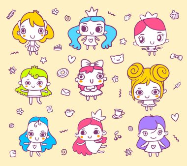 Simgeyle giyinmiş mutlu küçük bir kızın vektör rengi çizimi. Web, site, kart, baskı için prenses kızın el çizimi sanat tasarımı