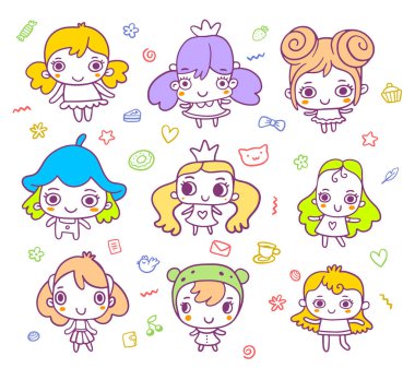 Beyaz arka planda beyaz saçlı ve ikonlu küçük mutlu kızın vektör çizimi. Web, site, kart için prenses kızın el çizimi sanat tasarımı