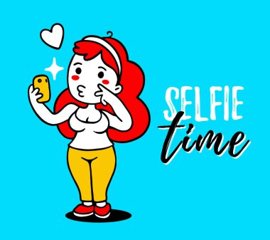 Akıllı telefon tutan selfie kızı poz verdirmenin vektör rengi çizimi. Web, site, kart, baskı için kızın el çizimi sanat tasarımı