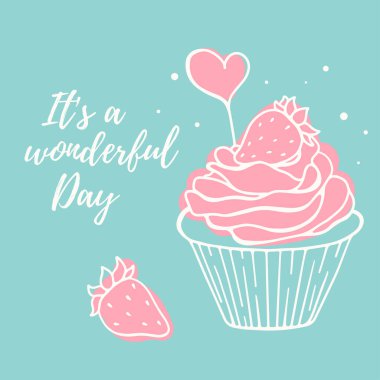 Mavi arka planda pembe kremalı ve kalbi olan tatlı çilekli kekin vektör çizimi. Web sitesi, afiş, poster, tebrik kartı, yazdırma metni olan beyaz çizgi sanat tasarımı