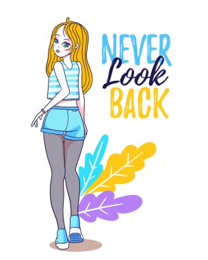 Moda sarışının uzun saçlı ve bacaklı tişörtü ve şortuyla geriye bakan yaz resmedilmiş hali. Web, site, kart, poster için el çizimi düz çizgili model kız tasarımı