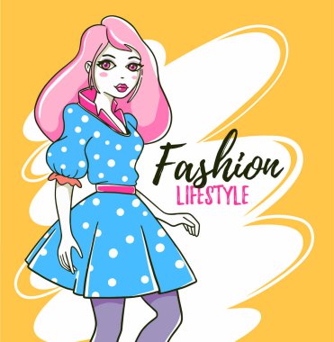 Mavi elbiseli, sarı arka planda pembe saçlı, mesajlı güzel bir kız portresinin vektör moda çizimi. Web, site, kart, poster için el çizimi düz çizgili model kız tasarımı