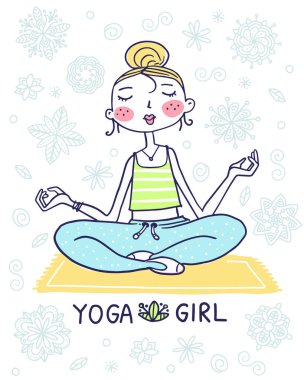 Meditasyonda oturmuş Lotus pozu veren güzel bir fitness kızının vektör çizimi. Web, site, kart, poster için el çizimi sanat tarzı rahatlama kızı