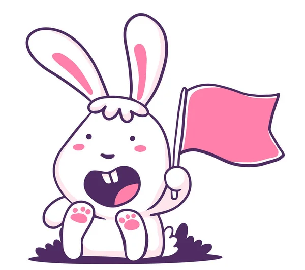 Illustrazione Vettoriale Bel Cartone Animato Coniglio Bianco Che Tiene Bandiera — Vettoriale Stock