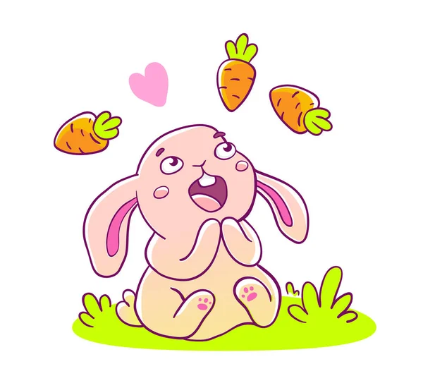 Happy Little Cute Bunny Open Mouth Falling Carrot White Background — Stock Vector