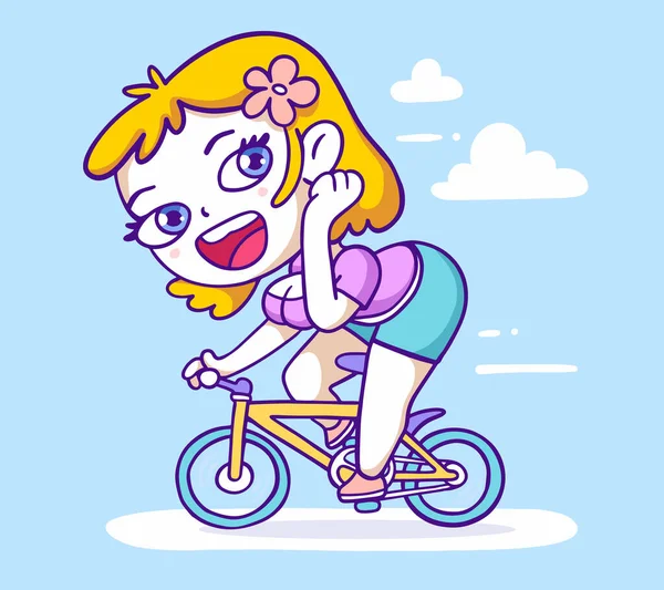 スポーツガールのベクトルイラストが雲を背景に自転車に乗っています 手描きラインアートスタイルデザインの女の子のためのウェブ サイト カード バナー — ストックベクタ