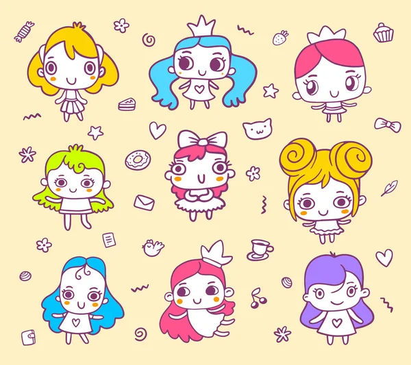 Simgeyle giyinmiş mutlu küçük bir kızın vektör rengi çizimi. Web, site, kart, baskı için prenses kızın el çizimi sanat tasarımı