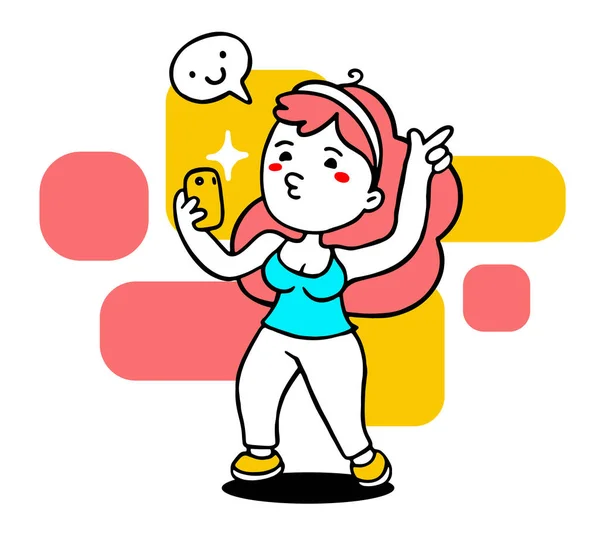 Ilustração Cor Vetorial Menina Posando Com Gair Vermelho Segurando Telefone — Vetor de Stock