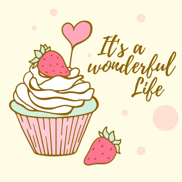 Illustration Vectorielle Cupcake Aux Fraises Couleur Douce Avec Coeur Rose — Image vectorielle