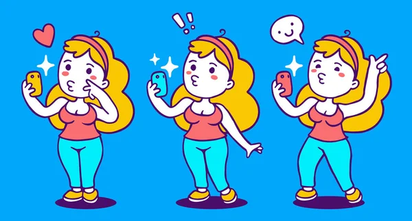 Ilustração Cor Vetorial Conjunto Menina Posando Feliz Segurando Telefone Inteligente — Vetor de Stock