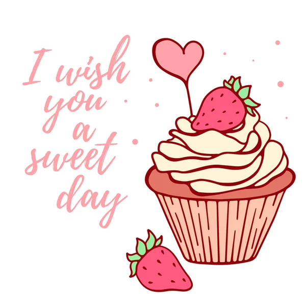 Beyaz arkaplanda yazı olan tatlıların vektör çizimi. Pembe kalpli tatlı çilekli kek. Web sitesi, afiş, poster, tebrik kartı, yazdırma için satır sanatı tasarımı