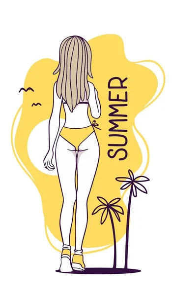 Vector Sommer Illustration Eines Mode Mädchen Rückenansicht Einem Gelben Badeanzug — Stockvektor