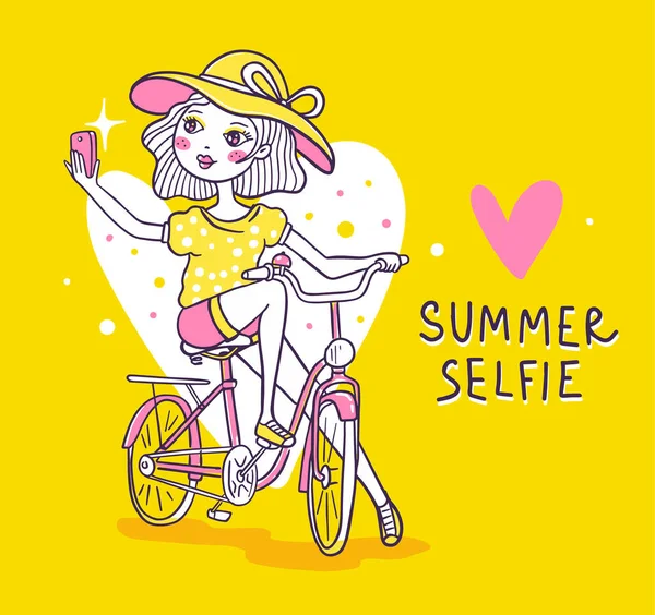 Vektor Illustration Eines Hübschen Mädchens Mit Hut Auf Einem Fahrrad — Stockvektor