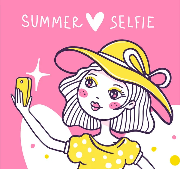 Wektor Zbliżyć Ilustrację Romantycznej Dziewczyny Kapeluszu Robi Selfie Telefon Różowym — Wektor stockowy