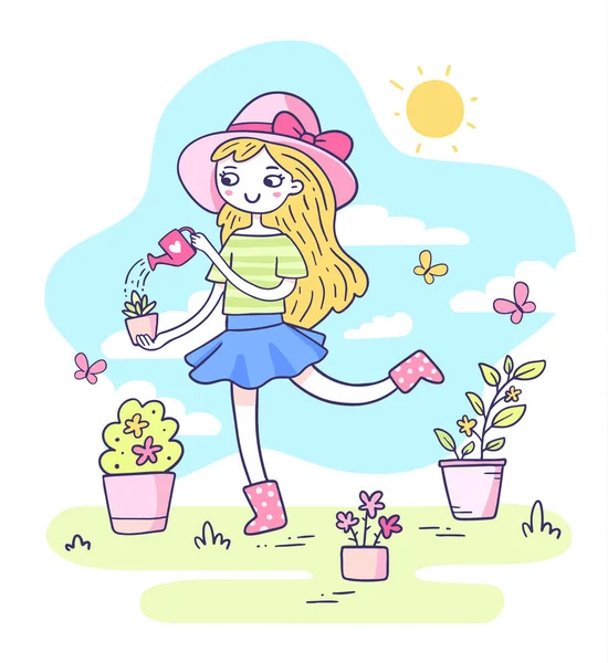Vektorové Jarní Ilustrace Roztomilé Dívky Klobouku Plechovkou Zalévání Rostliny Květináči — Stockový vektor