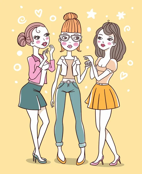 Illustration Vectorielle Couleur Trois Belles Filles Mode Vêtues Chemisier Jupe — Image vectorielle