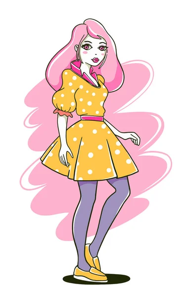 Ilustración Moda Vectorial Una Hermosa Chica Vestido Amarillo Con Pelo — Archivo Imágenes Vectoriales