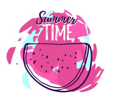 Çekirdekli ve renkli arkaplanlı lezzetli bir karpuz parçasının vektör çizimi. Poster, tebrik kartı, baskı ve tişört için satır sanatı tarzı yaz tasarımı