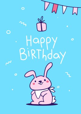 Üzerinde tavşan önlüğü, bayrak çelengi, mavi arka planda hediye ve metin olan şirin bir doğum günü kartının vektör çizimi. Web, site, tebrik kartı, davetiye, poster için el çizimi düz çizgi çizimi