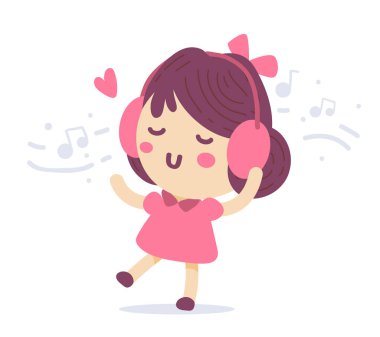 Esmer saçlı ve beyaz arka planda kulaklıkla müzik dinleyen tatlı bir kızın vektör çizimi. Web sitesi, site, kart için el çizimi düz bir kız stili