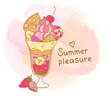 Kokteyl bardağında canavar içkisi. Waffle ve böğürtlenli dev milkshake. Beyaz arkaplanda metin olan vektör çizgi film renk çizimi