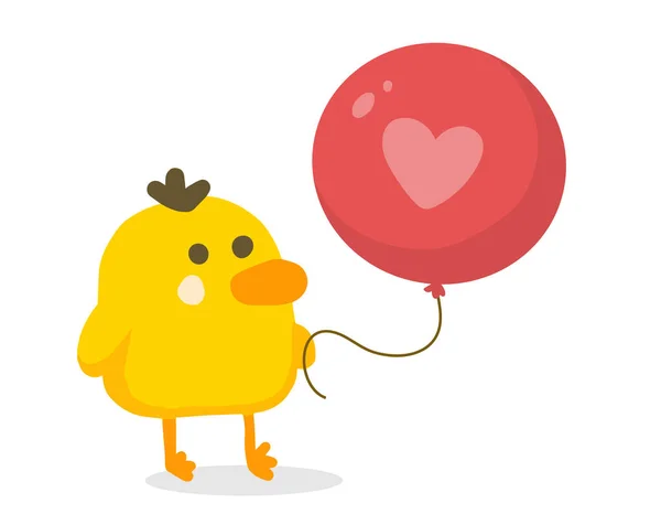 Vektorová Barva Ilustrace Pěkné Žluté Kreslené Kuřátko Velkým Červeným Balónem — Stockový vektor