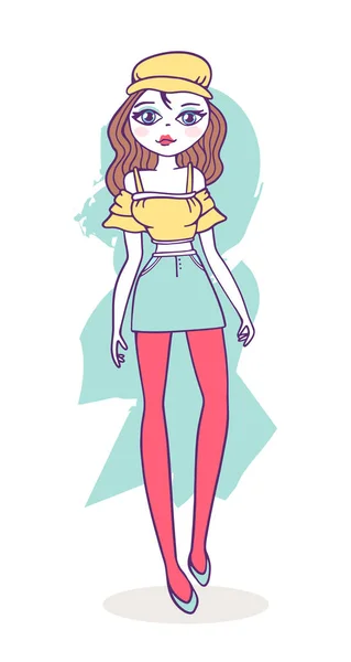 Wektor Ilustracja Dziewczyny Mody Żółtej Czapce Bluzce Spódnicy Długimi Włosami — Wektor stockowy