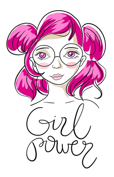 Ilustração Vetorial Retrato Uma Menina Bonita Com Cabelo Rosa Óculos — Vetor de Stock