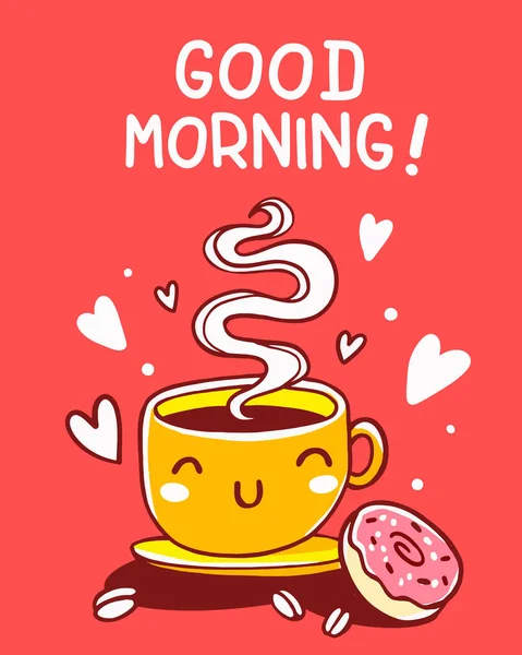 ピンクのドーナツとコーヒーの鮮やかな黄色の笑顔カップのベクトルイラスト 赤の背景に心とテキスト ウェブ サイト カード ポスターのための手描きラインアートデザイン — ストックベクタ