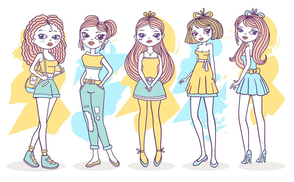 Vektorové Ilustrace Krásných Dívek Různých Pózách Oblečení Ručně Kreslené Ploché — Stockový vektor