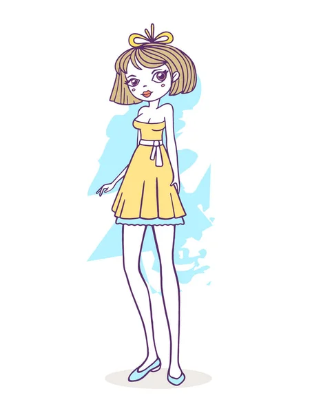 Vektor Illustration Eines Modischen Netten Mädchens Einem Gelben Kleid Mit — Stockvektor