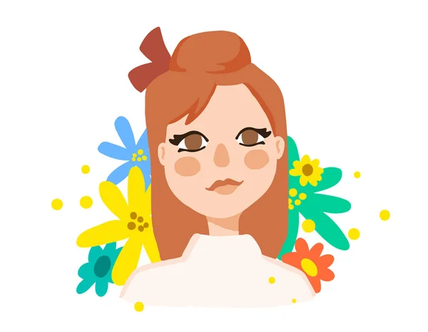Vector Illustration Portrait Beautiful Girl Brunette Hair Blouse Bright Flower — Stock Vector