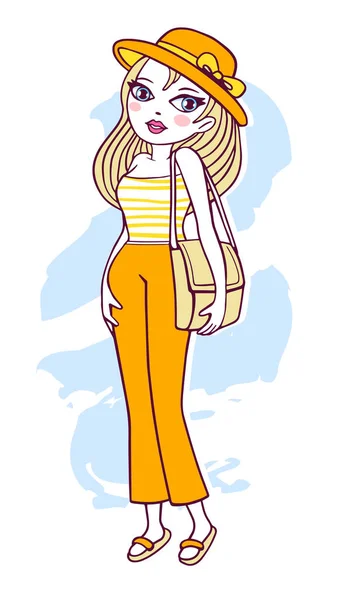 Векторная Иллюстрация Модной Женщины Желтых Брюках Блузке Шляпе Длинными Волосами — стоковый вектор