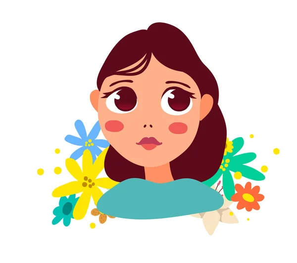 Ilustración Vectorial Retrato Una Hermosa Chica Reflexiva Con Ojos Grandes — Archivo Imágenes Vectoriales