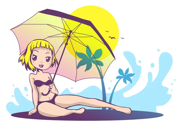 Ilustração Vetorial Uma Menina Romântica Com Guarda Chuva Biquíni Praia —  Vetores de Stock