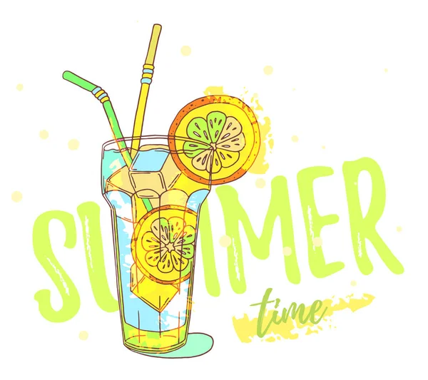 Summer Poster Fresh Cocktail Text Vector Illustration Tasty Beverage Orange — Stock Vector