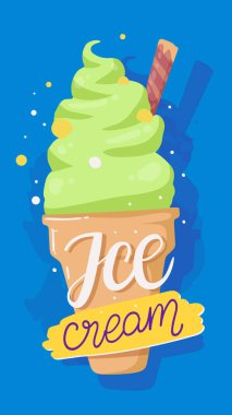 Lezzetli, şam fıstıklı, şekerli ve gofretli dondurmanın vektör çizimi. Dondurma fincanda, mavi arkaplanda yazı var. Web, site, pankart, poster için el çizimi düz çizgi film tasarımı
