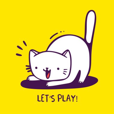 Sarı arka planda sevimli neşeli kedi çizgi filminin vektör çizimi. Web, site, tebrik kartı, davetiye, etiket, tişört baskısı için beyaz kedinin el çizimi sanat tasarımı