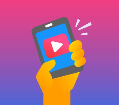 Mavi arka planda video ikonu olan çizgi film adamın el ele tutuşmasının vektör çizimi. Web, site, pankart için düz biçim tasarımı