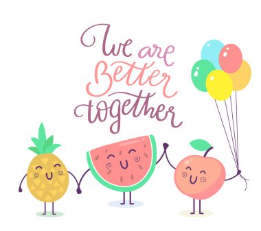 Güzel bir çizgi film karakterinin vektör çizimi. Beyaz arka planda, balonlu ve mesajlı bir arkadaş grubu. Poster, tebrik kartı, baskı, tişört, çıkartma için düz stil tasarımı