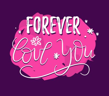 Yazıtın romantik temsili seni pembe ve mor arka planda çizgili sanat çiçeğiyle sonsuza dek sevecek. Web, site, kart, poster tasarımı