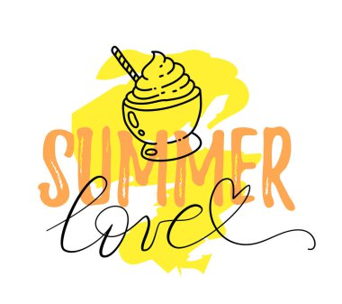 Yazın, beyaz ve sarı arka planda sanat tarzı tatlı dondurmayla yazılan yazlık aşkın temsili. Web, site, kart, poster tasarımı
