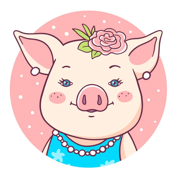 Illustration Vectorielle Portrait Cochon Femelle Dessin Animé Mignon Robe Bleue — Image vectorielle