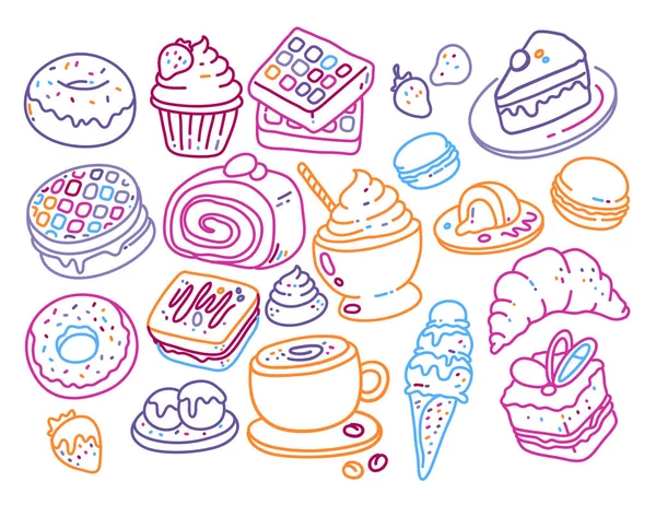 Vector Set Many Different Sweet Icon White Background Color Line — Stock Vector