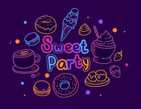 Vector Illustration Many Neon Color Line Art Style Different Sweet — Stock Vector