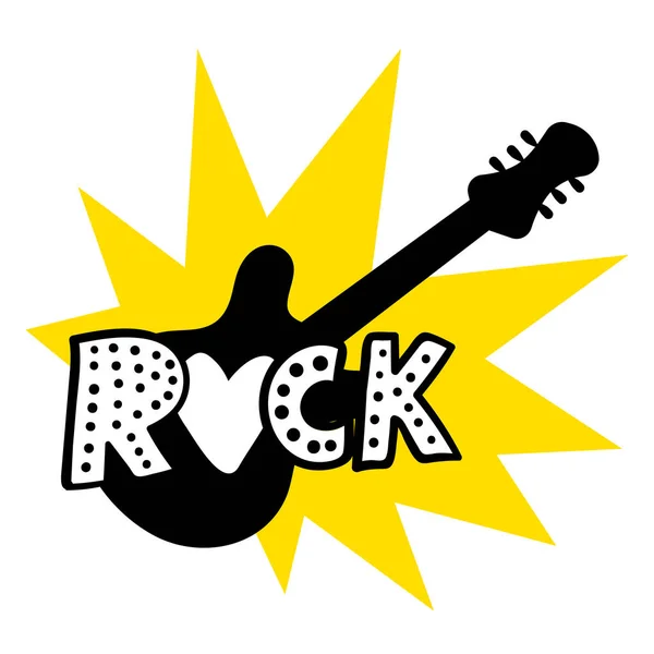 Beyaz Arka Planda Rock Sözcüğü Olan Bir Gitarın Vektör Illüstrasyonu — Stok Vektör
