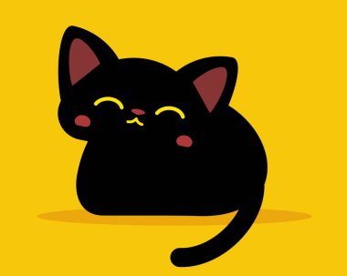 Gözleri kısılmış siyah mutlu kedinin temsili sarı arka planda duruyor. Web, site, afiş, kart, etiket, yazdırma için düz biçim tasarımı