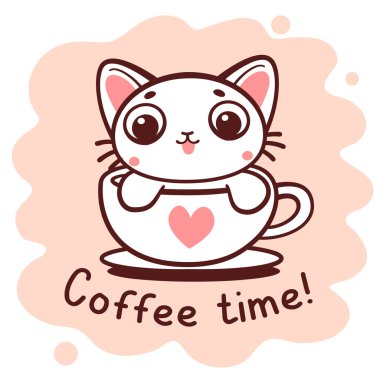 Beyaz arka planda fincanda oturan beyaz, şirin bir kedinin vektör çizimi. Kahve zamanı konsepti. Kedi tasarımı web, site, sevgililer günü afişi, tebrik kartı