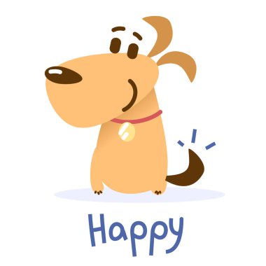 Vector illustration of happy cute orange color dog with collar is sitting on white background. Flat style design for web, site, banner, card, sticker, print clipart