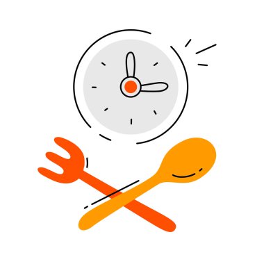 Beyaz arka planda çatal ve kaşıkla saatin vektör çizimi. Düz çizgi sanat tarzı konsept tasarımı web, site, poster, afiş, baskı için zaman